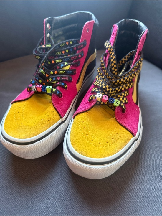 Vans Shoes - Vans women’s High-Top Sneakers in Yellow and Pink with Checkerboard Laces